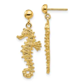 14k Yellow Gold Large Seahorse Dangle Post Earring