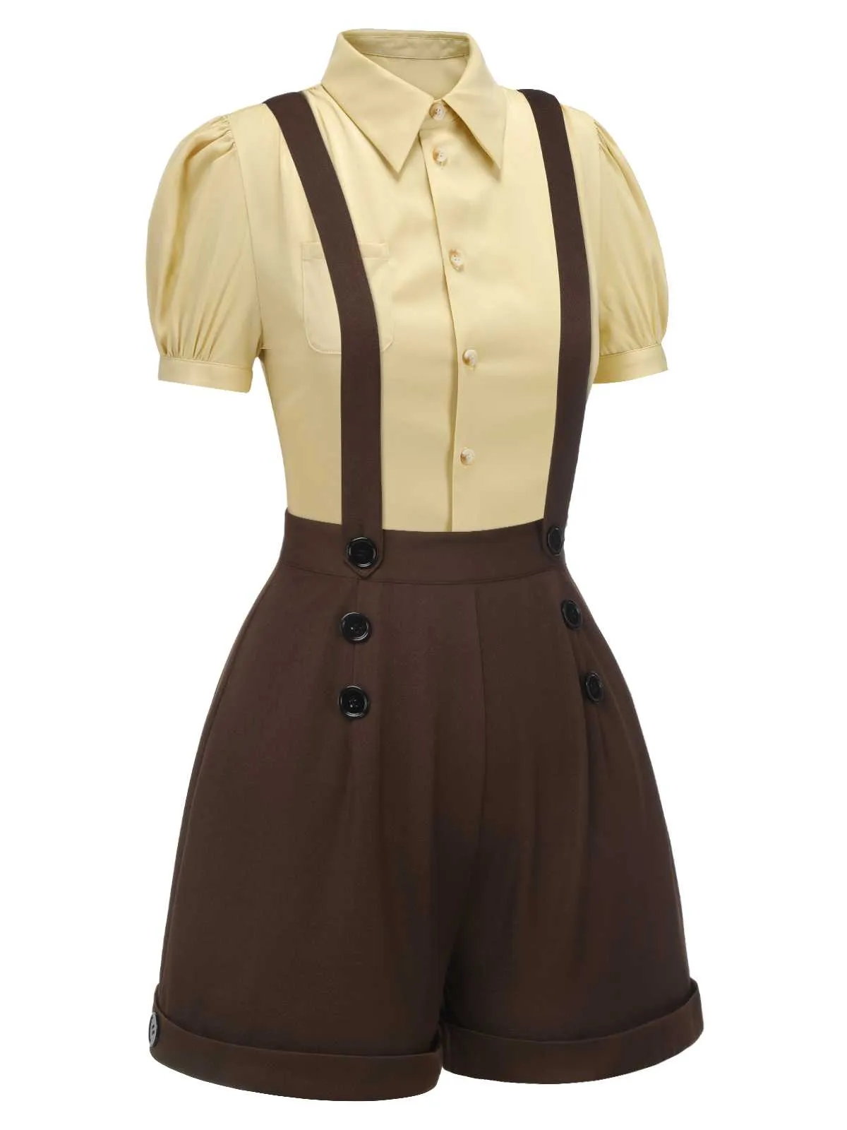 2PCS 1940s Lapel Blouse & Buttons Overall Shorts