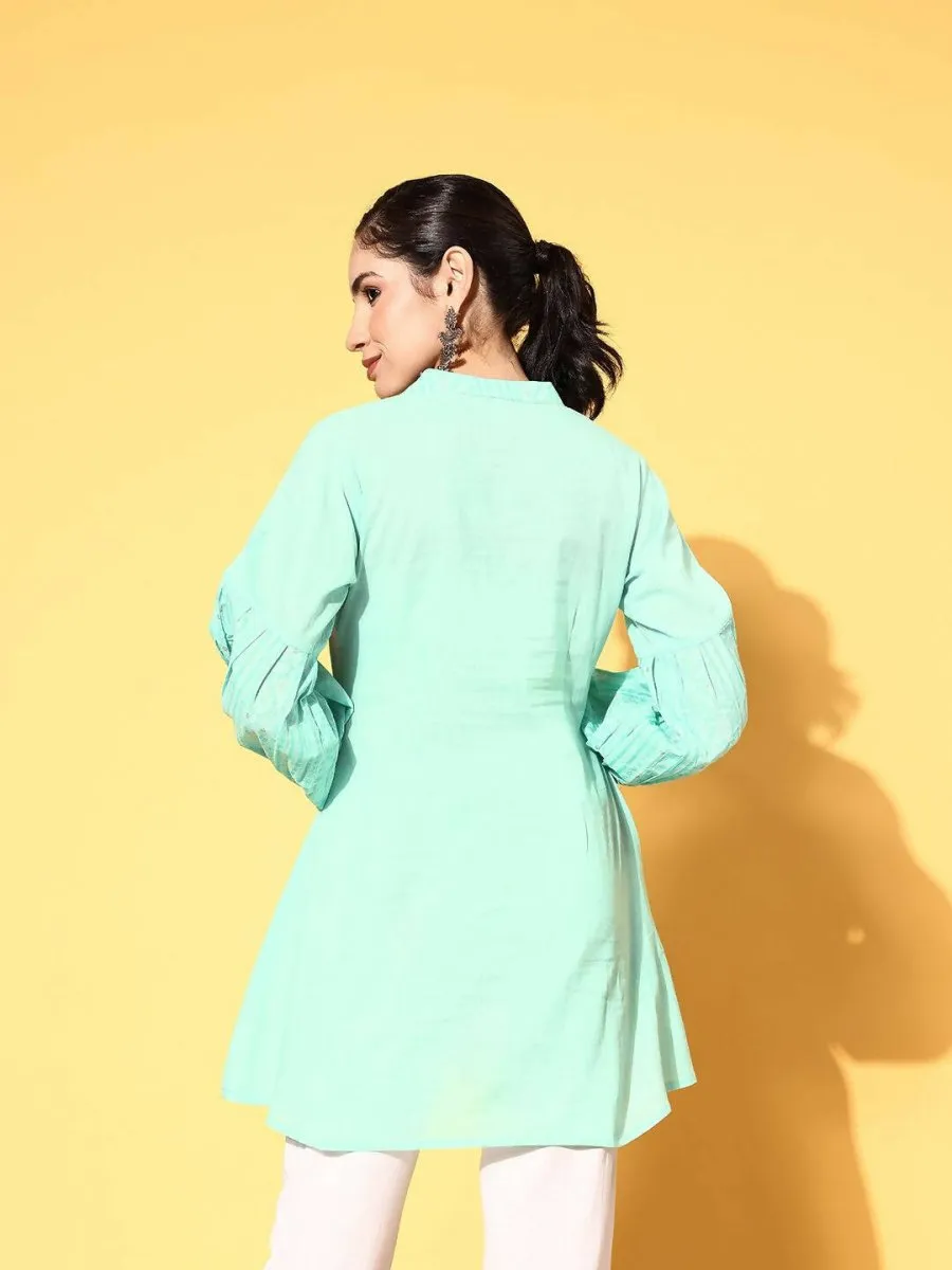 Ahalyaa Women Mint Green Pure Cotton Silver Print Tunic