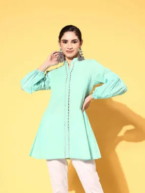 Ahalyaa Women Mint Green Pure Cotton Silver Print Tunic