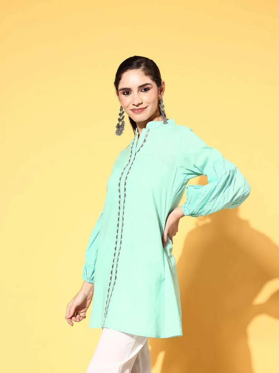 Ahalyaa Women Mint Green Pure Cotton Silver Print Tunic