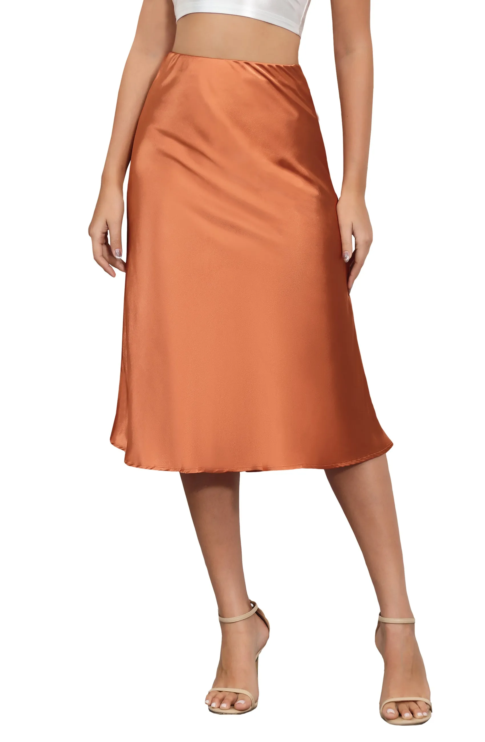 ALCEA ROSEA Womens Satin High Waisted Silky Midi Skirt Elastic A-line Skirt for Wedding Party Work Caramel AR1212