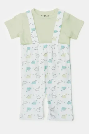 Baby Mint And White Printed T-Shirt And Dungaree Set (2 Piece)