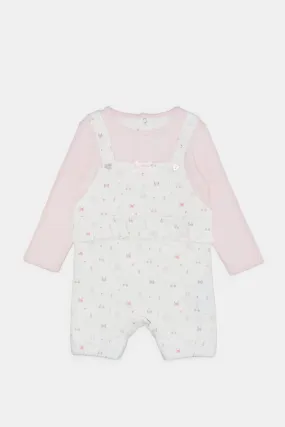 Baby Pink Print T-Shirt And Dungaree Set (2 Piece)