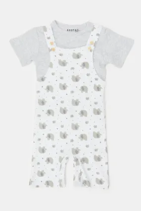 Baby White And Grey Printed T-Shirt And Dungaree Set (2 Piece)