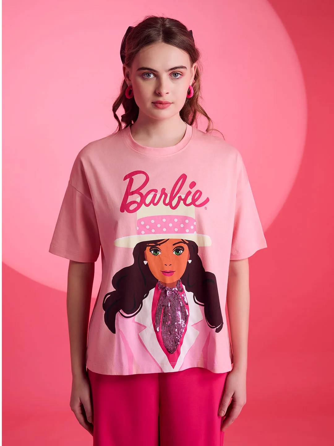 Barbie™ Mattel Pink Printed Graphic T-Shirt With Sequin Work