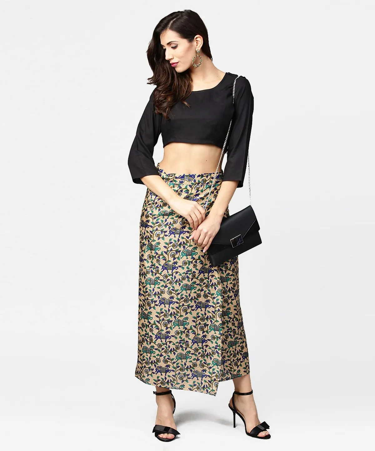 Beige printed midi cotton straight skirt