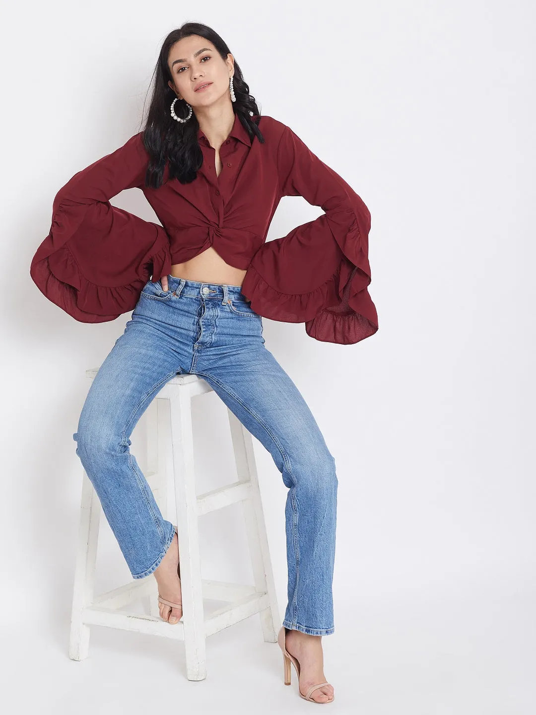 Berrylush Women Solid Maroon Shirt Collar Frilled Sleeves Crop Top