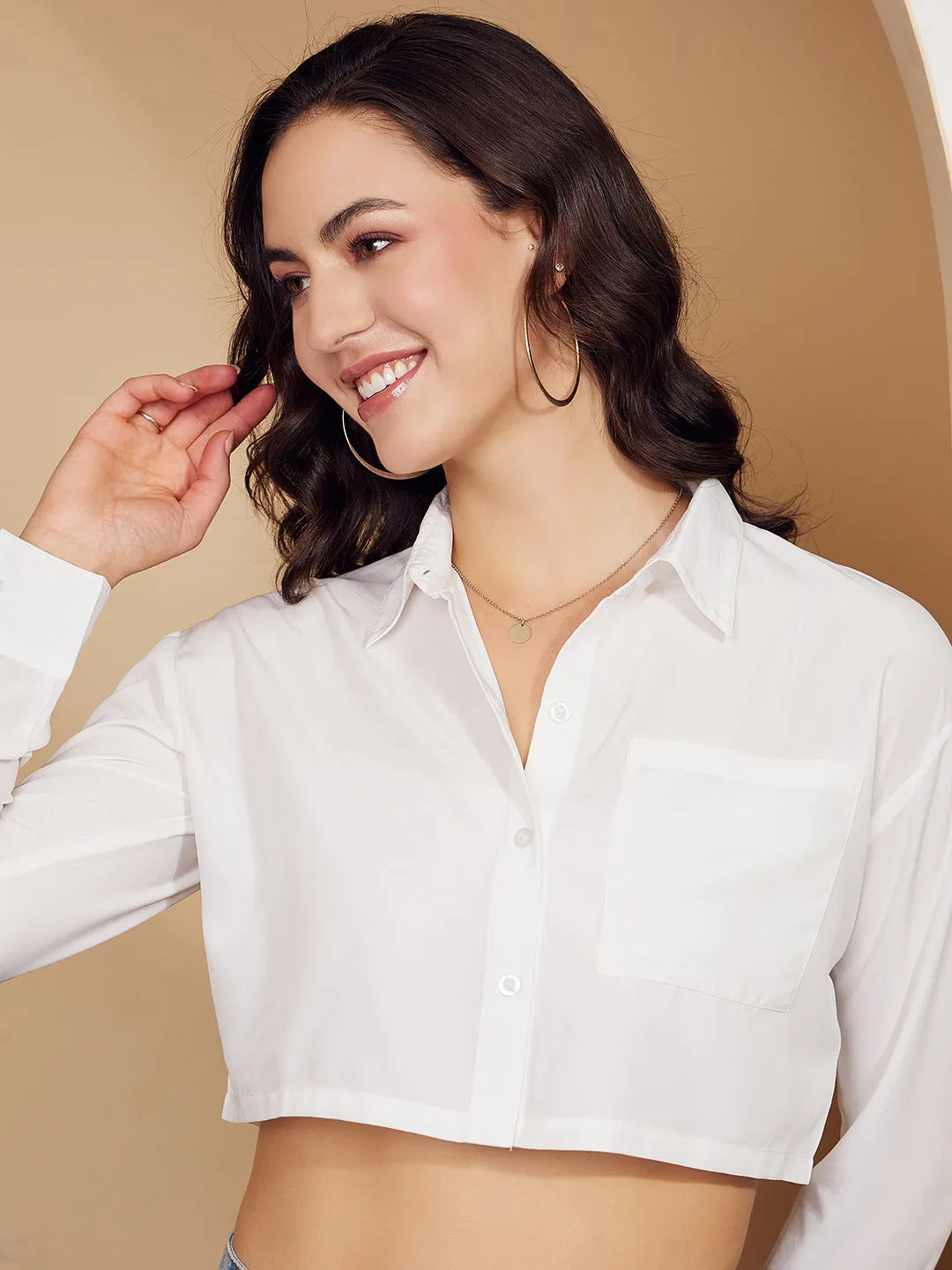 Berrylush Women Solid White Spread Collar Neck Button-Up Front Pocket Crepe Patched Crop Shirt