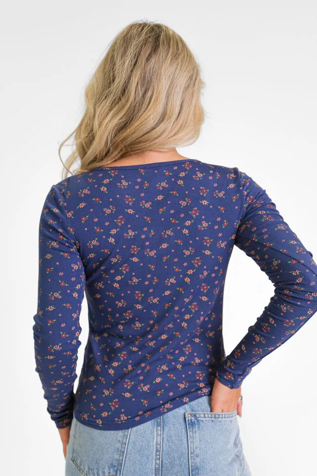 Best In Bloom Navy Ribbed Floral Henley Top FINAL SALE