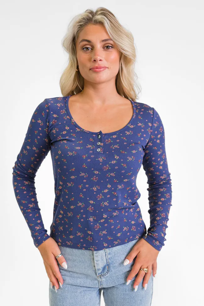 Best In Bloom Navy Ribbed Floral Henley Top FINAL SALE