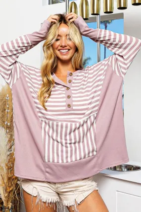 BiBi Striped Thumbhole Long Sleeve Top- Ships 2-5 Days •Sizes: S-XL