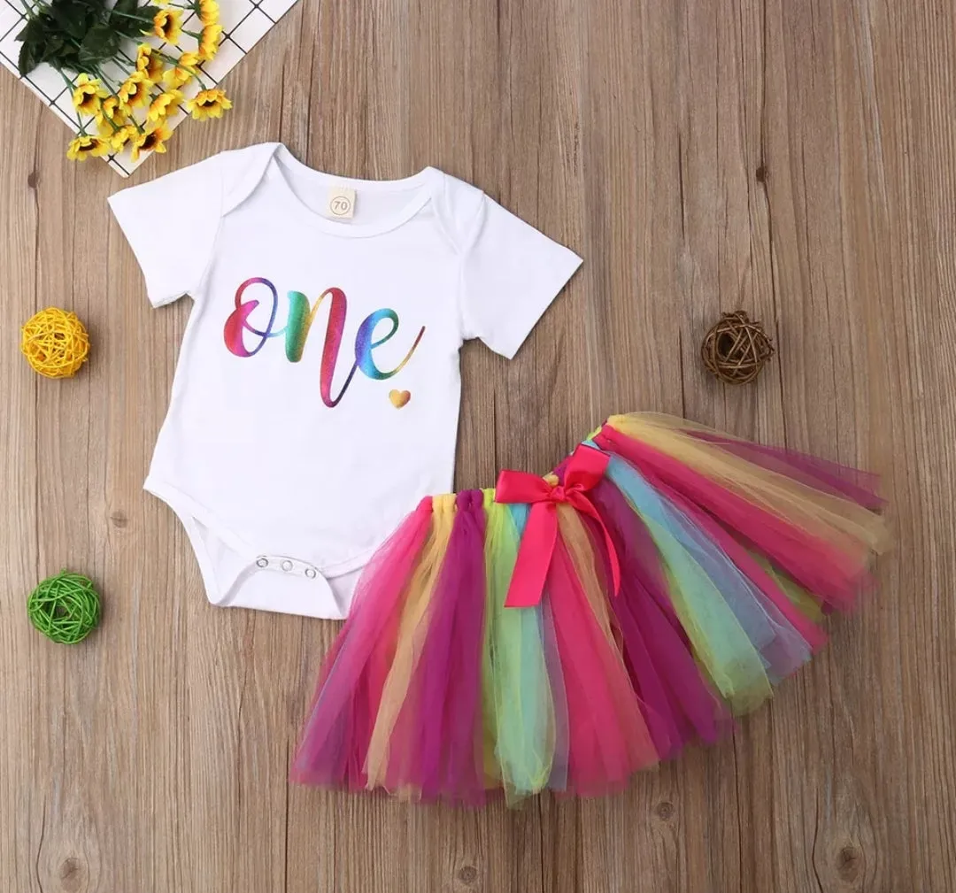 Birthday Outfit Romper with Rainbow/ Unicorn Tutu #1000950