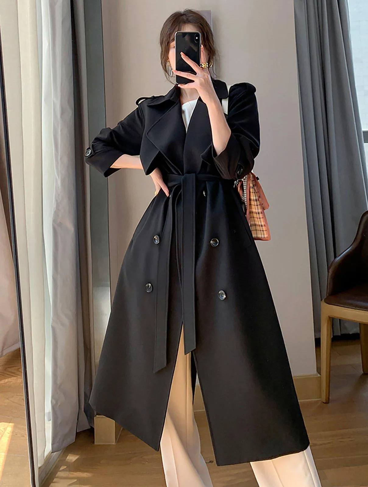 Black Double Breasted Epaulet Trench Coat