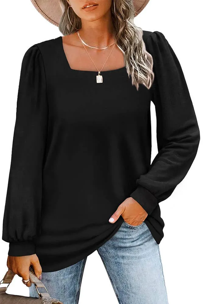 Black Plain Square Neck Long Sleeve Top