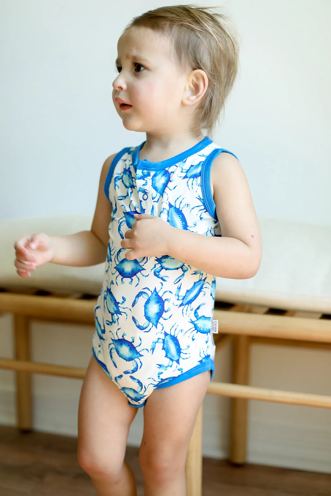 Blue Crab Bamboo Henley Onesie with Snaps