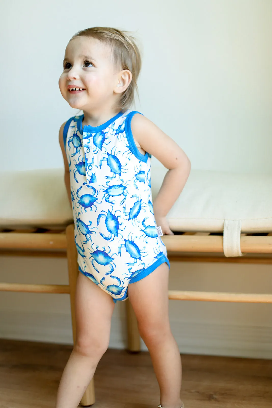 Blue Crab Bamboo Henley Onesie with Snaps