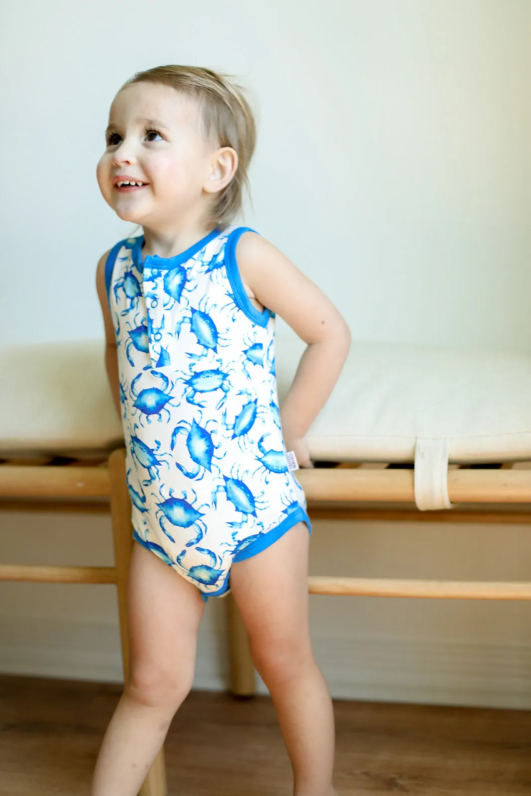 Blue Crab Bamboo Henley Onesie with Snaps