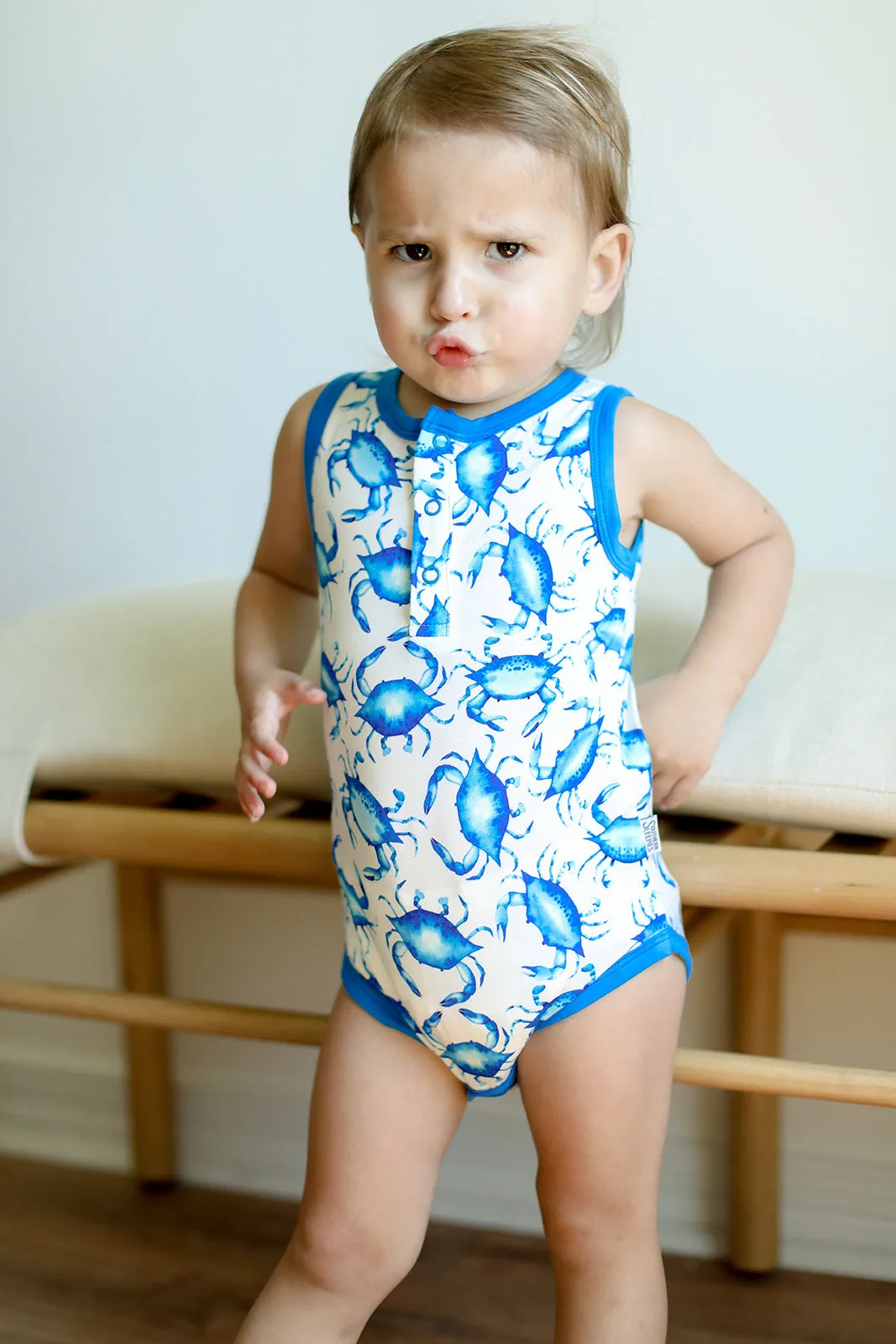 Blue Crab Bamboo Henley Onesie with Snaps