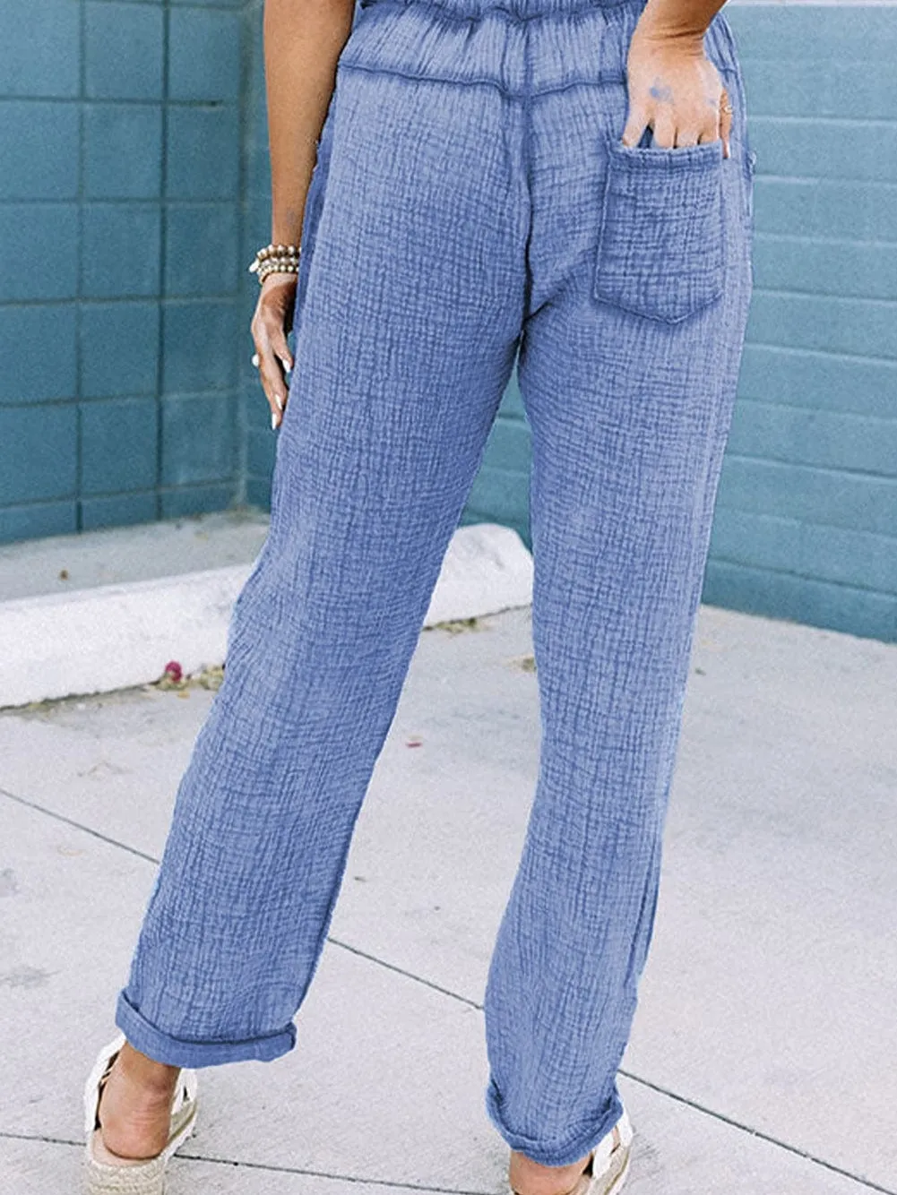 Blue Washed Elastic Waist Straight Leg Cotton Pants with Unique Texture