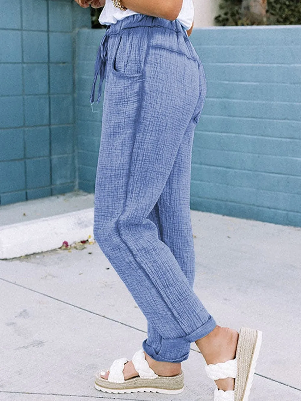 Blue Washed Elastic Waist Straight Leg Cotton Pants with Unique Texture