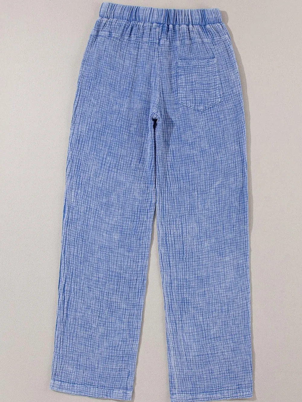 Blue Washed Elastic Waist Straight Leg Cotton Pants with Unique Texture