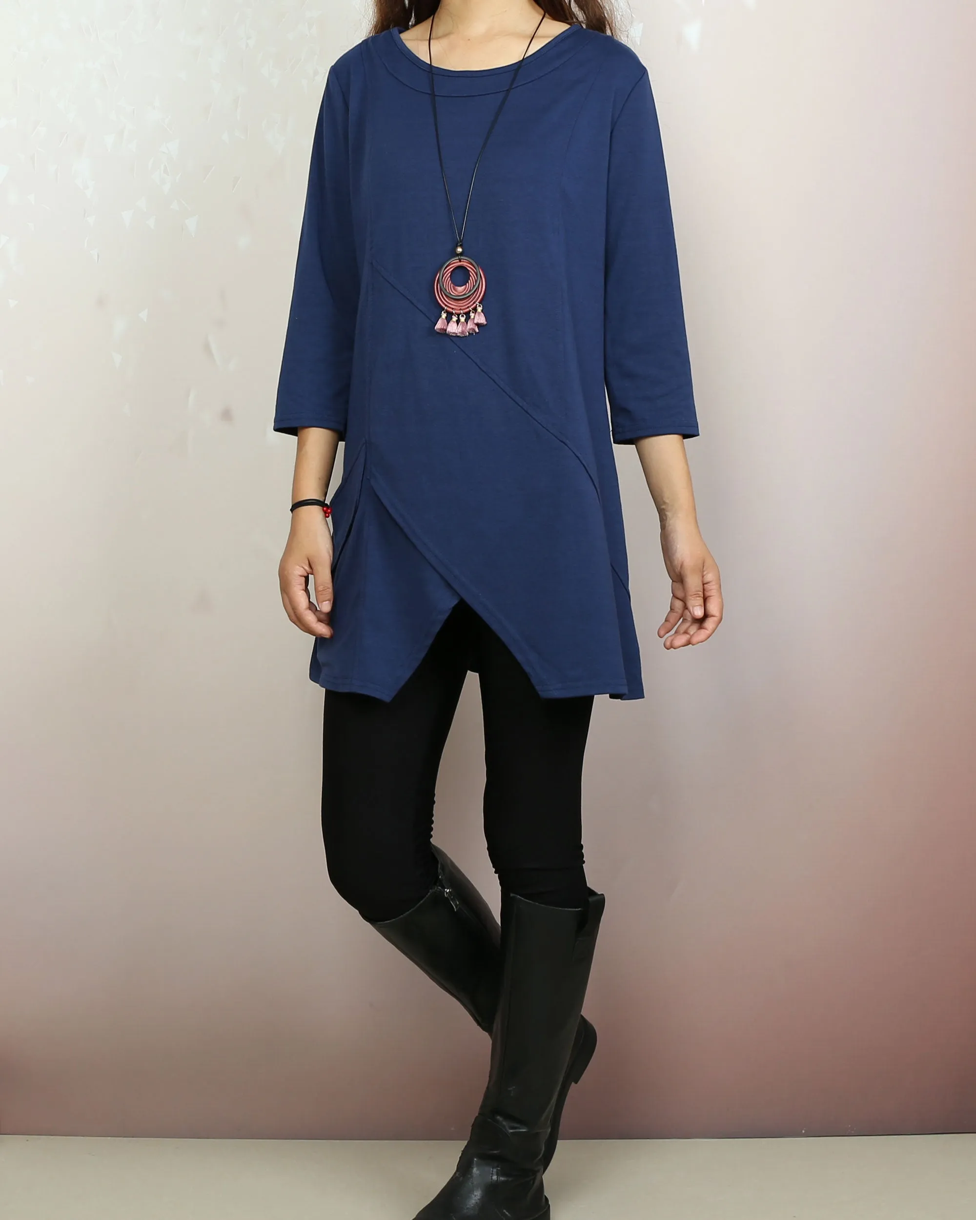 Boho tunic tops, 3/4 sleeve cotton tunic top, casual loose t-shirt, women's dark blue long tops(Y2008)