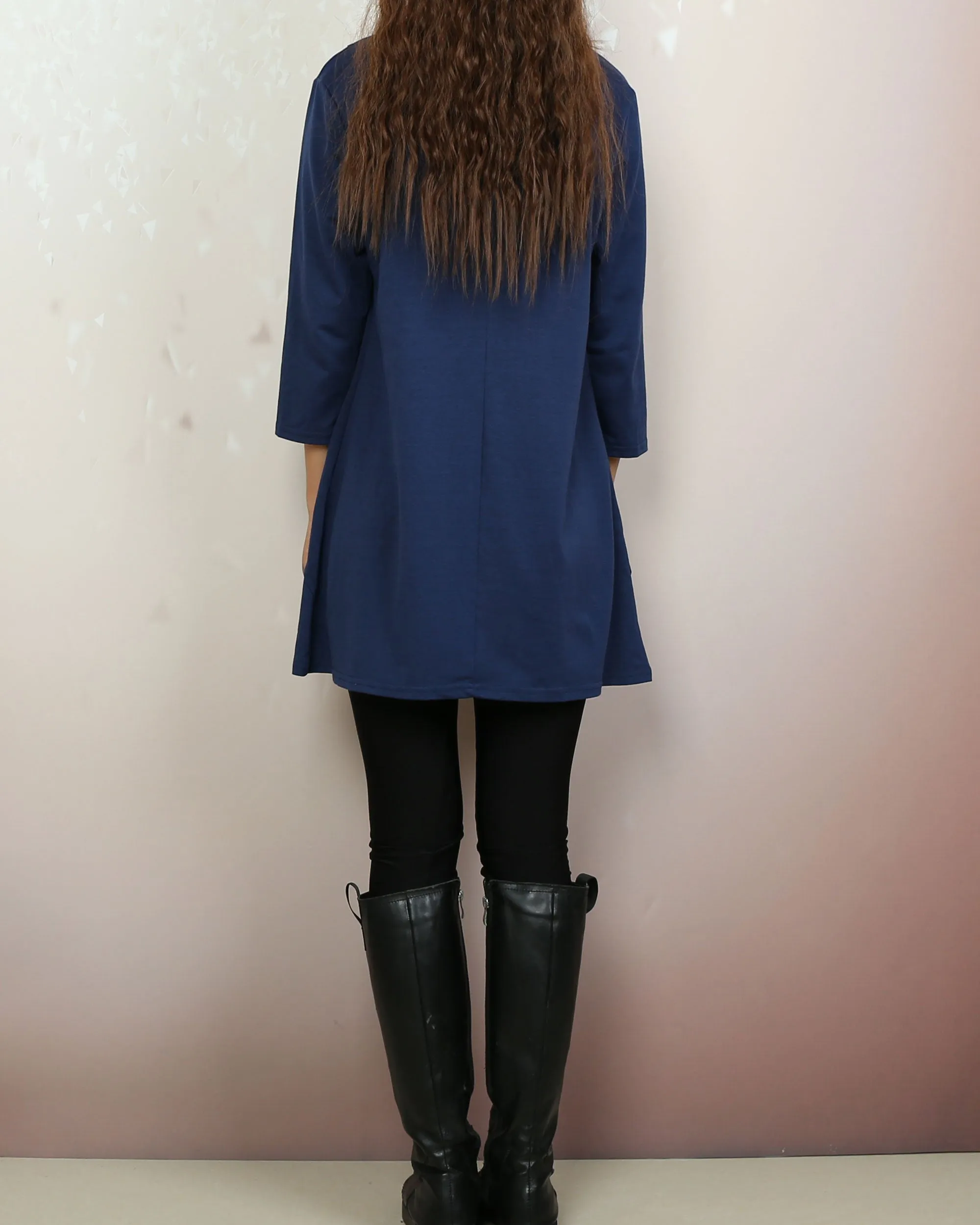 Boho tunic tops, 3/4 sleeve cotton tunic top, casual loose t-shirt, women's dark blue long tops(Y2008)