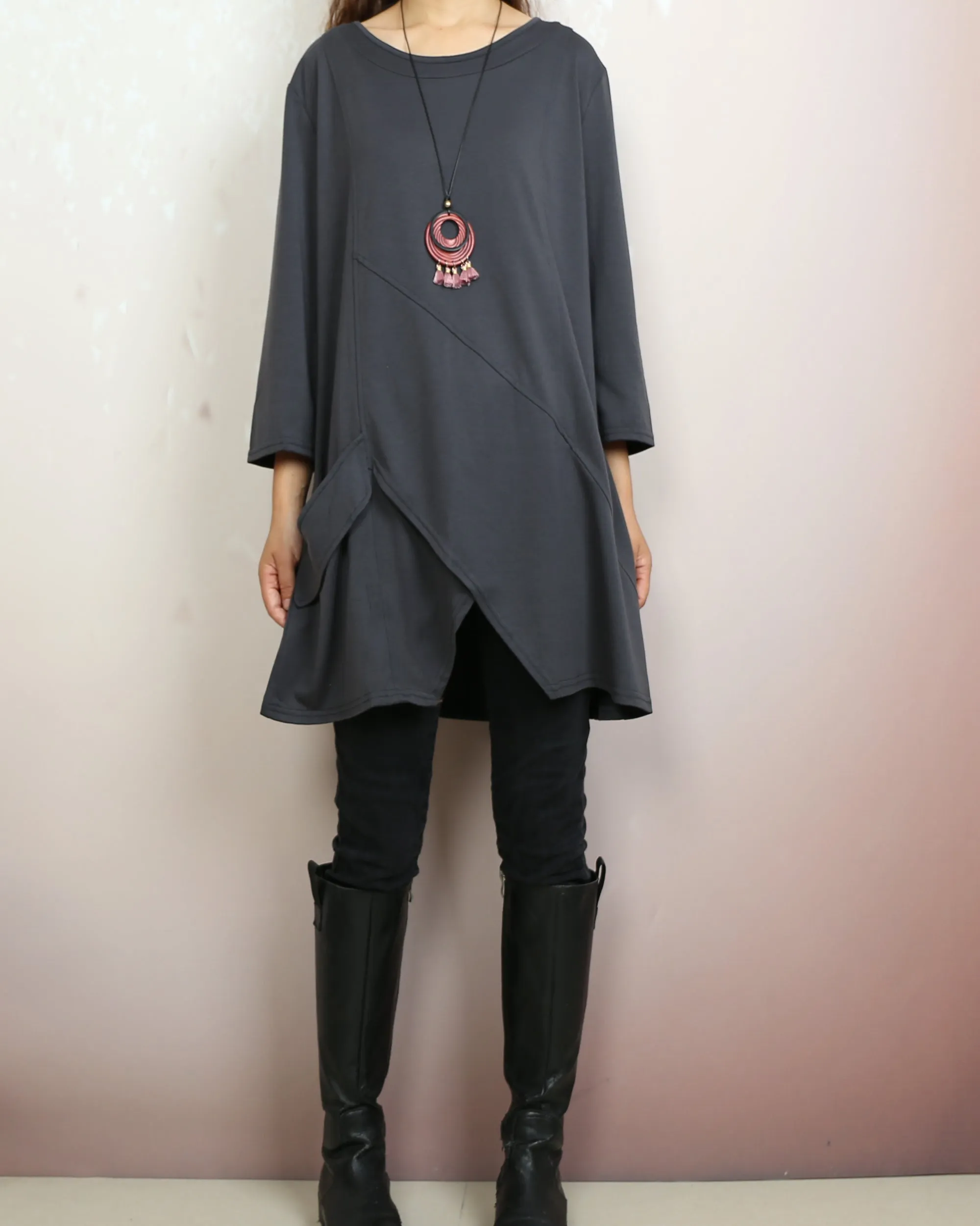 Boho tunic tops, 3/4 sleeve cotton tunic top, casual loose t-shirt, women's dark blue long tops(Y2008)