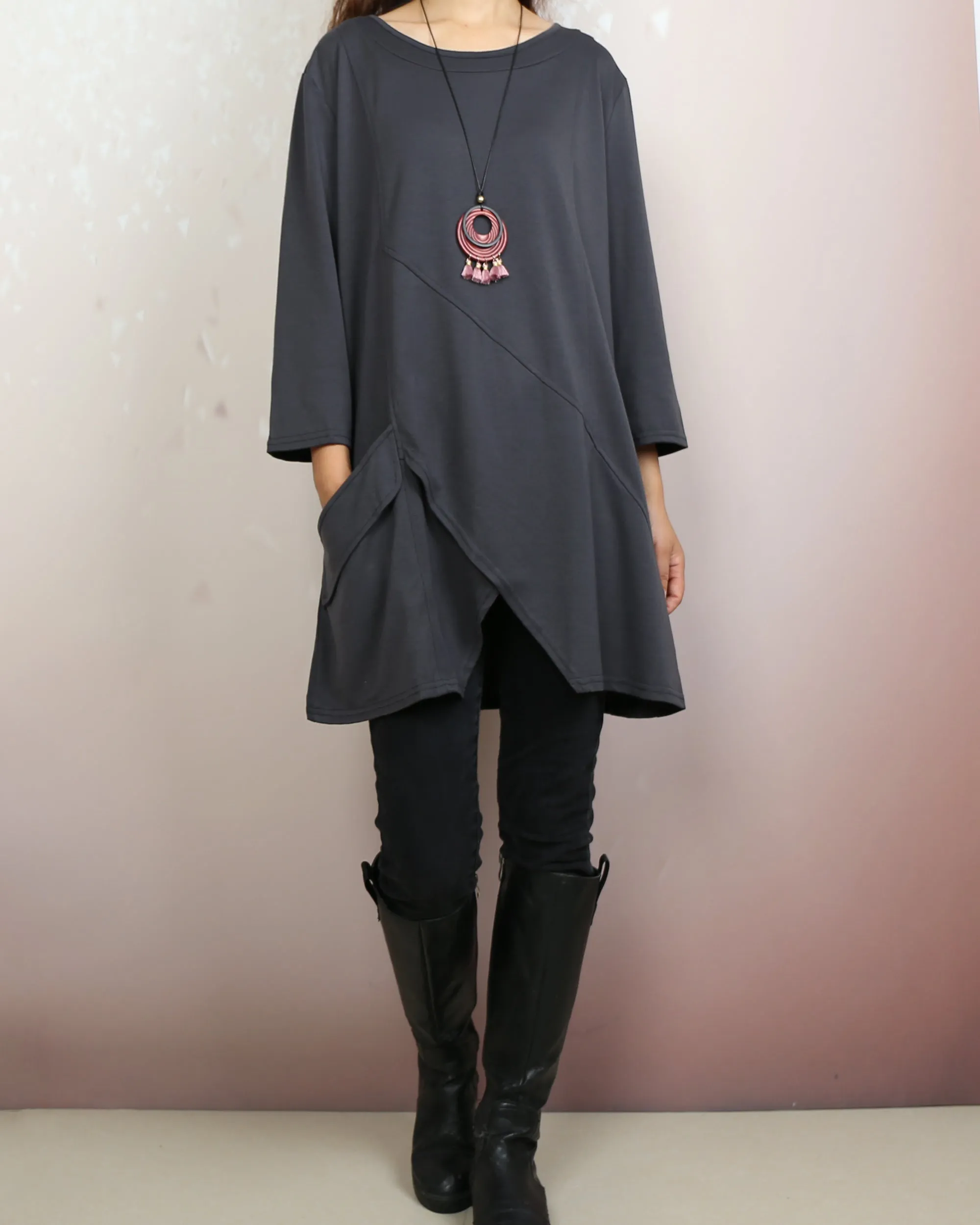 Boho tunic tops, 3/4 sleeve cotton tunic top, casual loose t-shirt, women's dark blue long tops(Y2008)