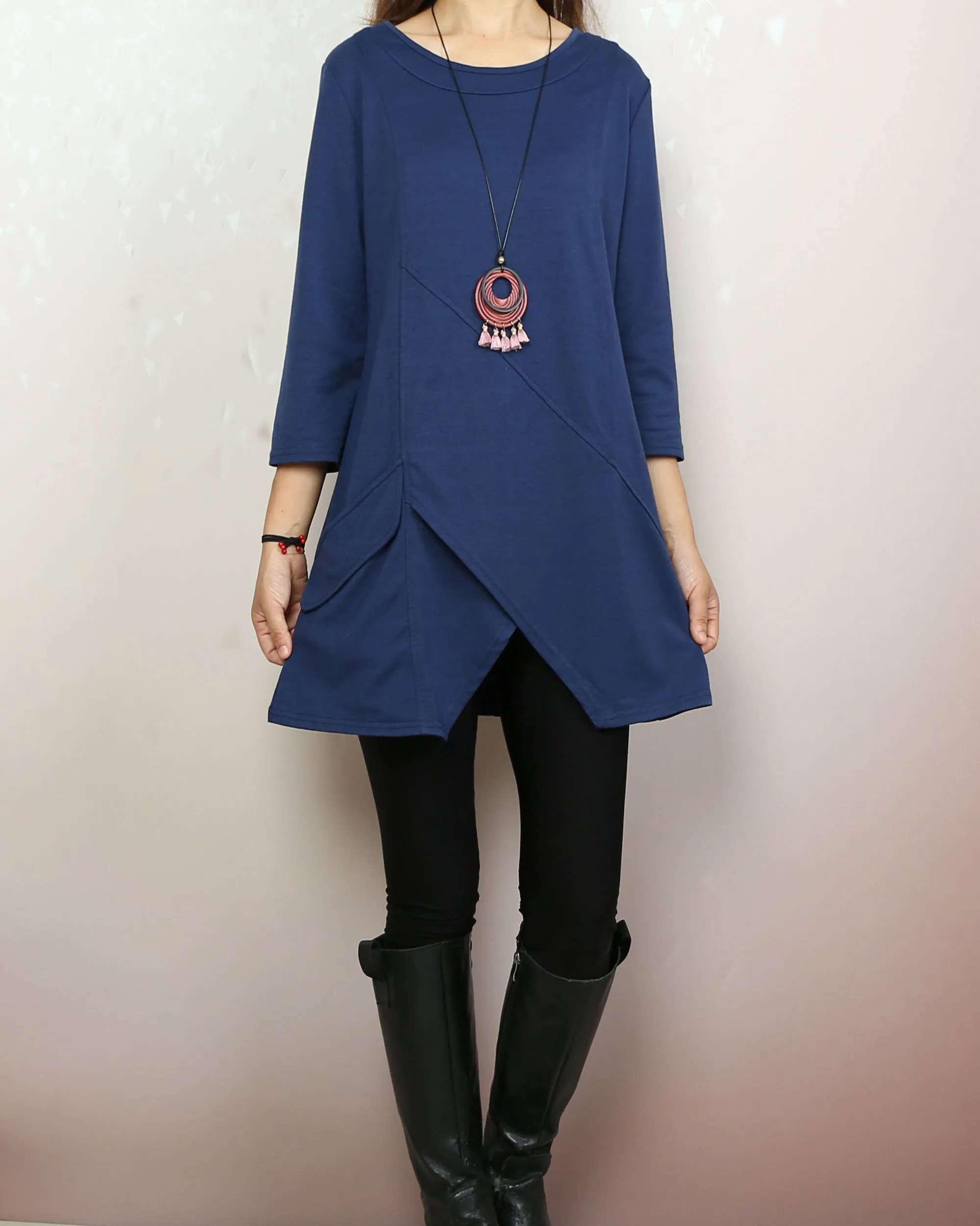 Boho tunic tops, 3/4 sleeve cotton tunic top, casual loose t-shirt, women's dark blue long tops(Y2008)