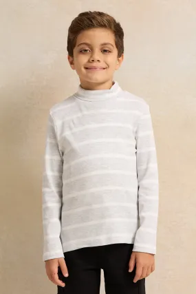 Boys Grey And White Striped High-Neck T-Shirt