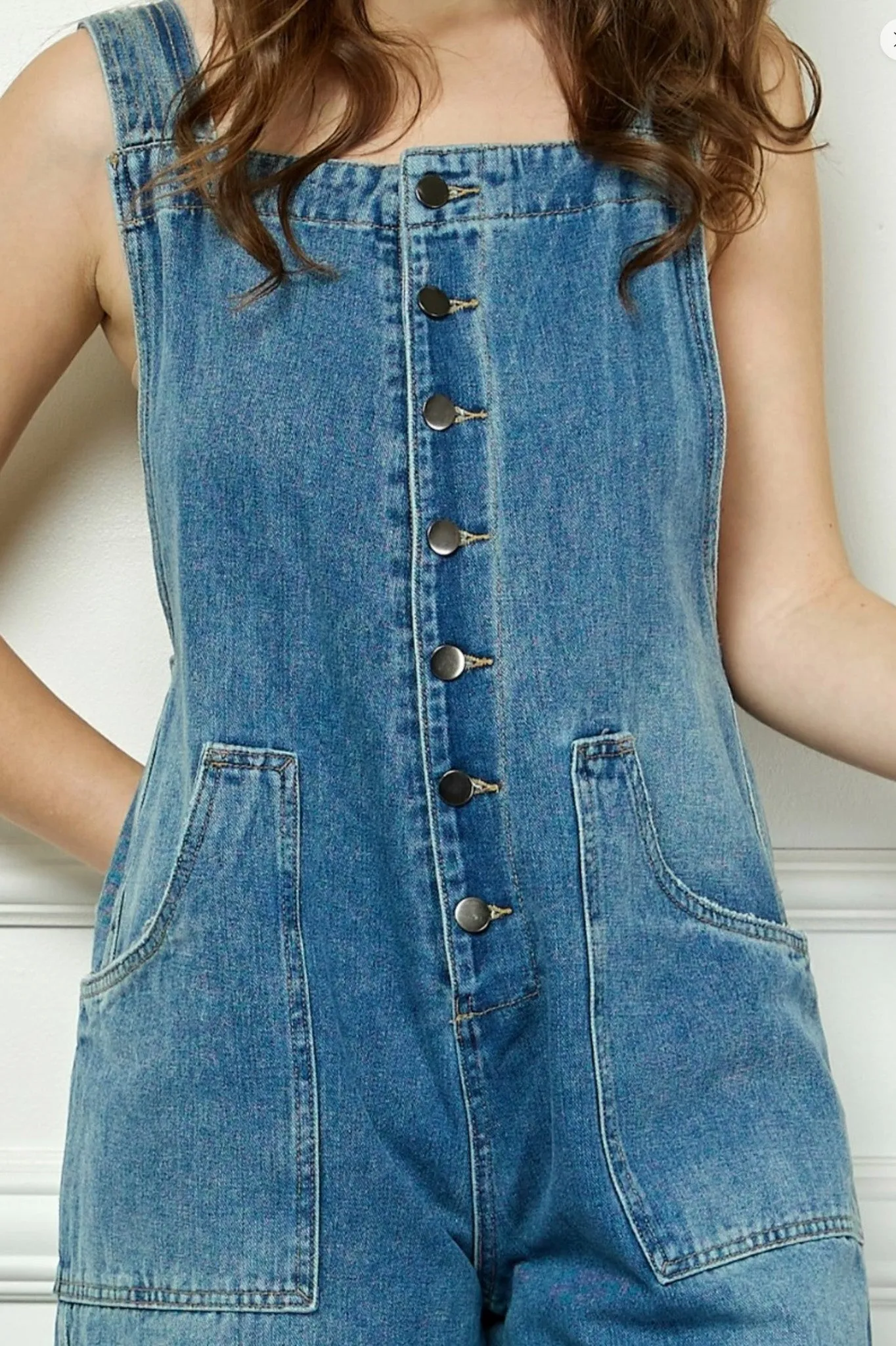 Bryn, Button Front Denim Overalls, Medium Wash