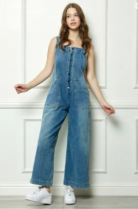 Bryn, Button Front Denim Overalls, Medium Wash