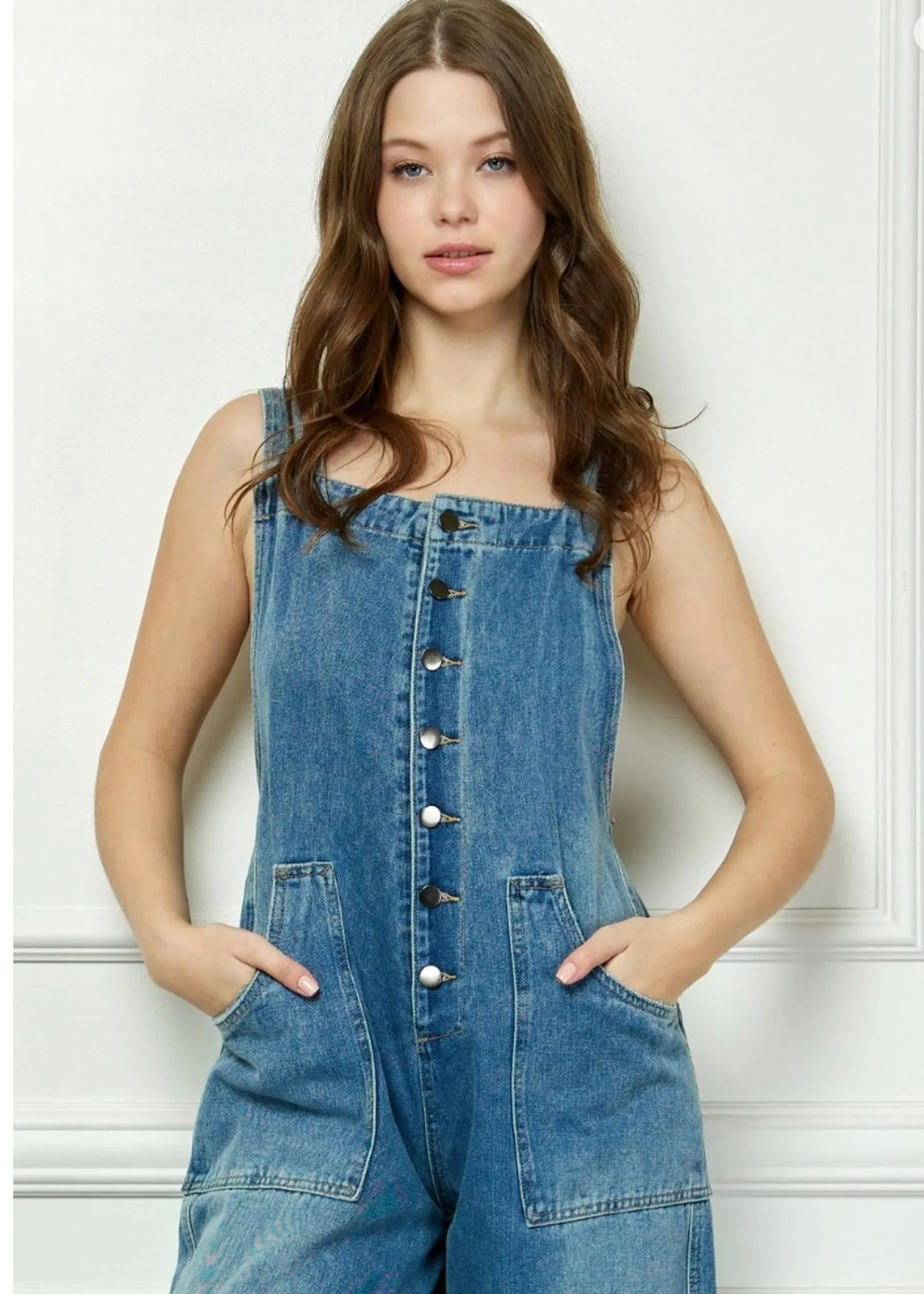 Bryn, Button Front Denim Overalls, Medium Wash