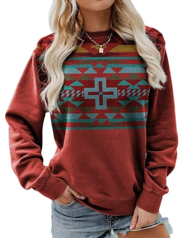 Buffalo Skull Green Sweatshirt Or Choose Aztec Print Southwestern Wandering Gypsy Crew Neck Long Sleeve T Shirt Available In Sizes Small Medium Large XL And Plus Size XXL 2X