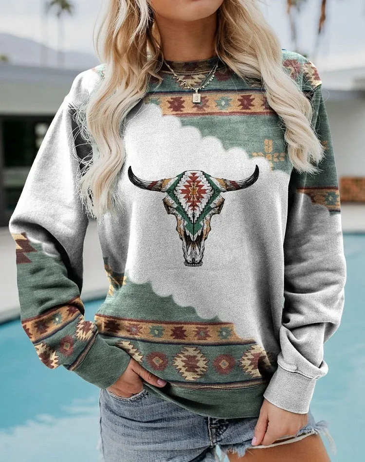 Buffalo Skull Green Sweatshirt Or Choose Aztec Print Southwestern Wandering Gypsy Crew Neck Long Sleeve T Shirt Available In Sizes Small Medium Large XL And Plus Size XXL 2X