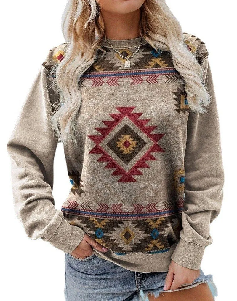 Buffalo Skull Green Sweatshirt Or Choose Aztec Print Southwestern Wandering Gypsy Crew Neck Long Sleeve T Shirt Available In Sizes Small Medium Large XL And Plus Size XXL 2X