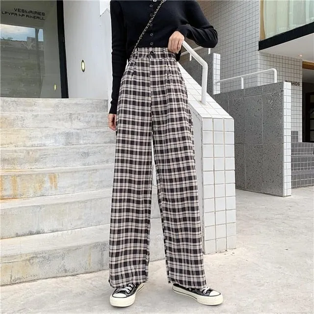 Casual Loose Wide Leg Long Pant | Women Casual Pants | Plaid Straight Pants | Straight Wide Leg Pants | Street Pants | Korean Pant