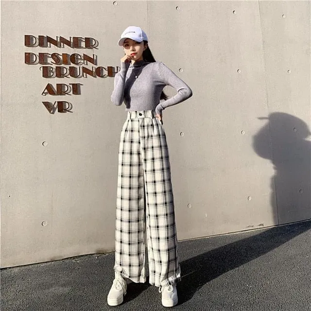 Casual Loose Wide Leg Long Pant | Women Casual Pants | Plaid Straight Pants | Straight Wide Leg Pants | Street Pants | Korean Pant