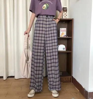 Casual Loose Wide Leg Long Pant | Women Casual Pants | Plaid Straight Pants | Straight Wide Leg Pants | Street Pants | Korean Pant