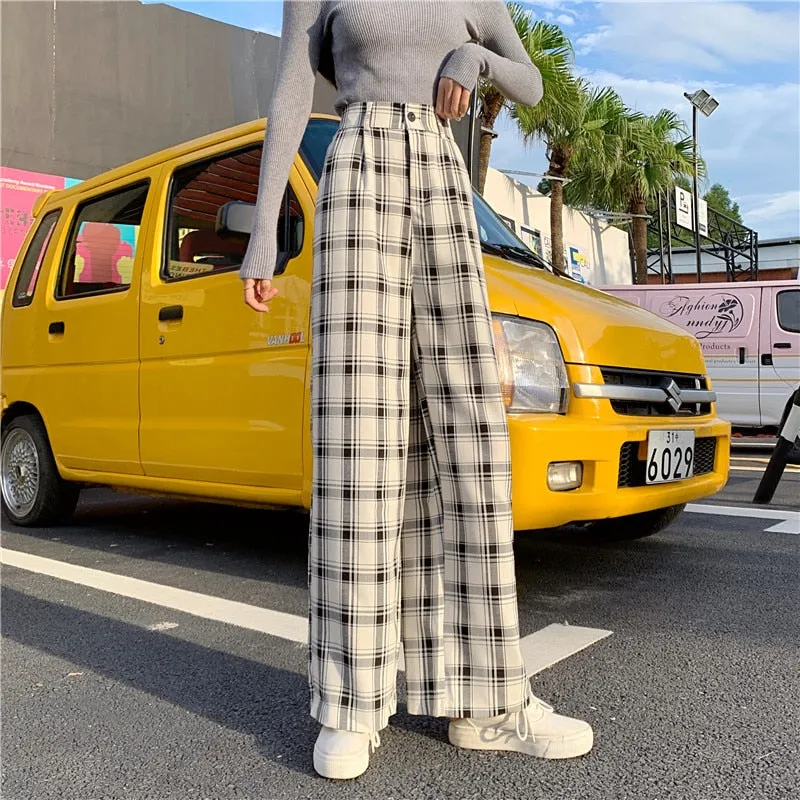 Casual Loose Wide Leg Long Pant | Women Casual Pants | Plaid Straight Pants | Straight Wide Leg Pants | Street Pants | Korean Pant