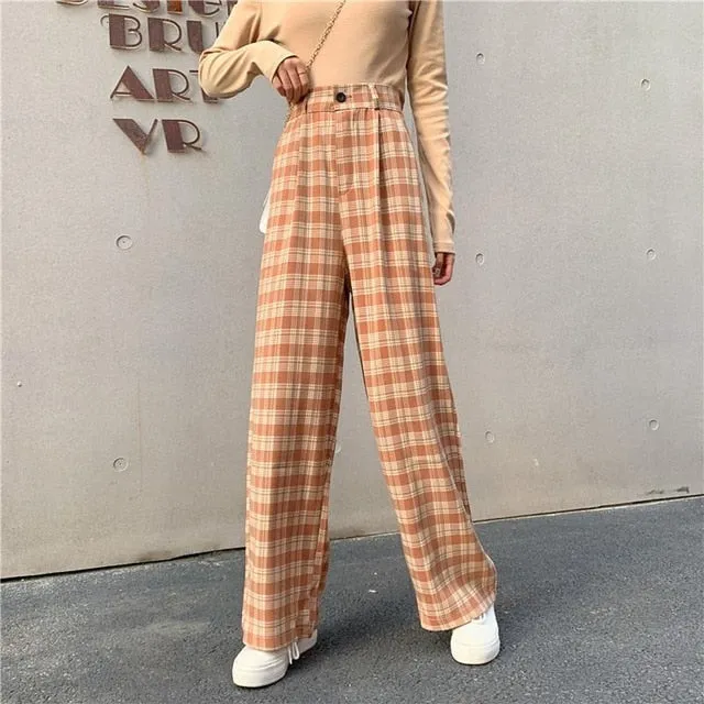 Casual Loose Wide Leg Long Pant | Women Casual Pants | Plaid Straight Pants | Straight Wide Leg Pants | Street Pants | Korean Pant