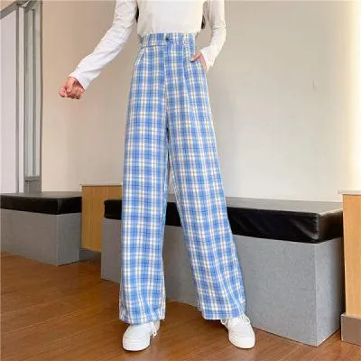 Casual Loose Wide Leg Long Pant | Women Casual Pants | Plaid Straight Pants | Straight Wide Leg Pants | Street Pants | Korean Pant