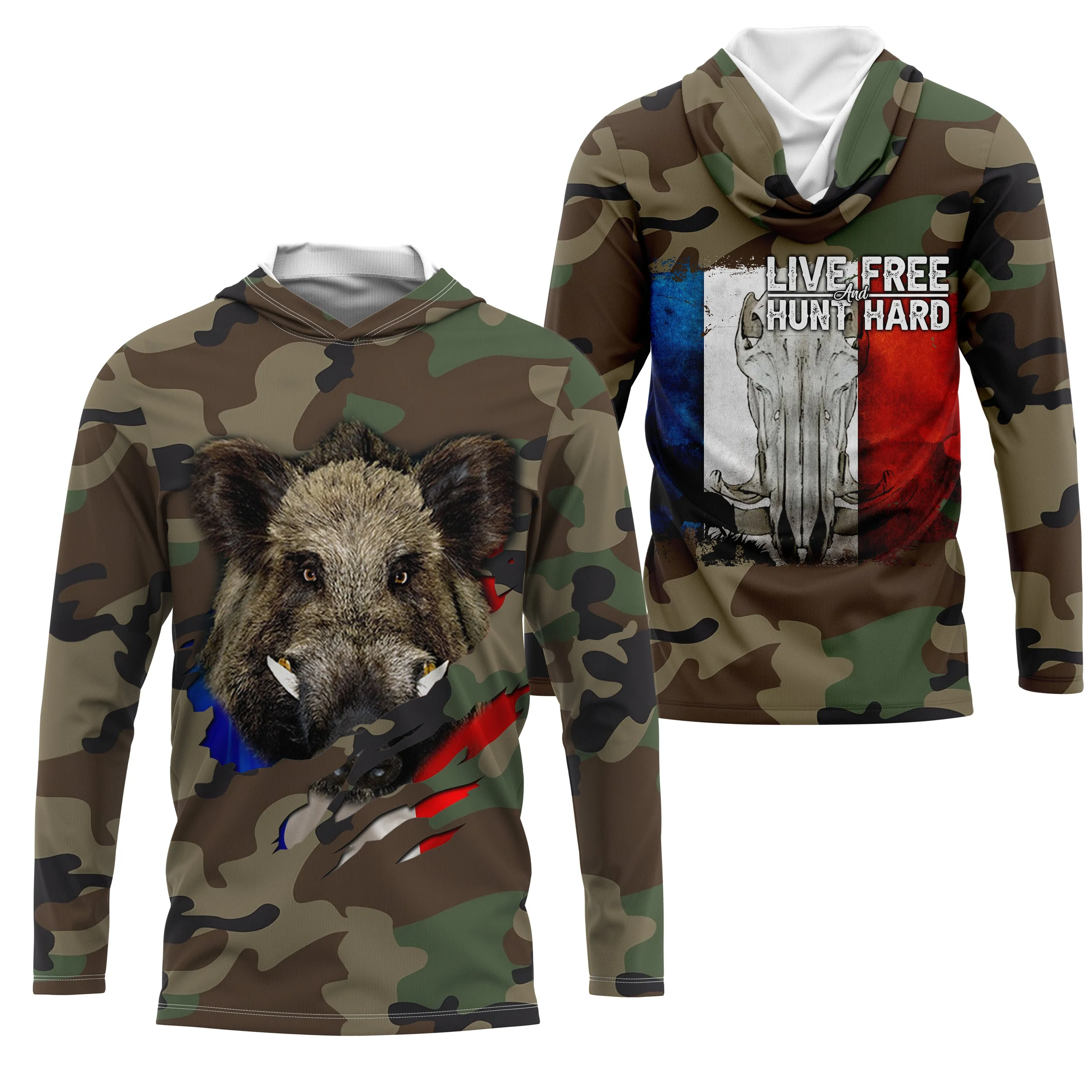 Chasse aux Sangliers, Camouflage Militaire Chasse, Cadeau Chasseurs, Live Free - Hunt Hard, Tee Shirt, Sweat à capuche, Vêtement Anti UV - CTS16042218