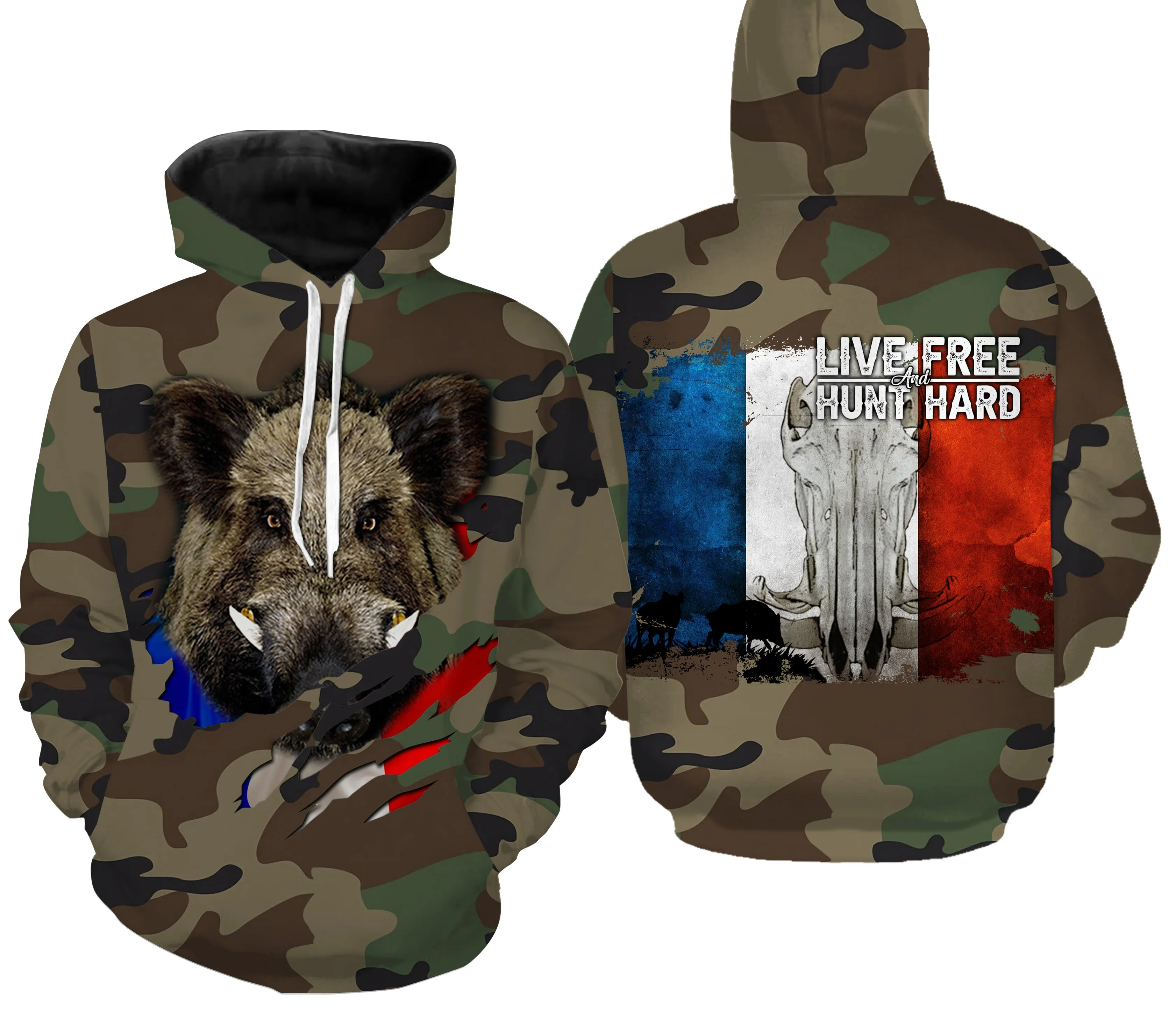 Chasse aux Sangliers, Camouflage Militaire Chasse, Cadeau Chasseurs, Live Free - Hunt Hard, Tee Shirt, Sweat à capuche, Vêtement Anti UV - CTS16042218