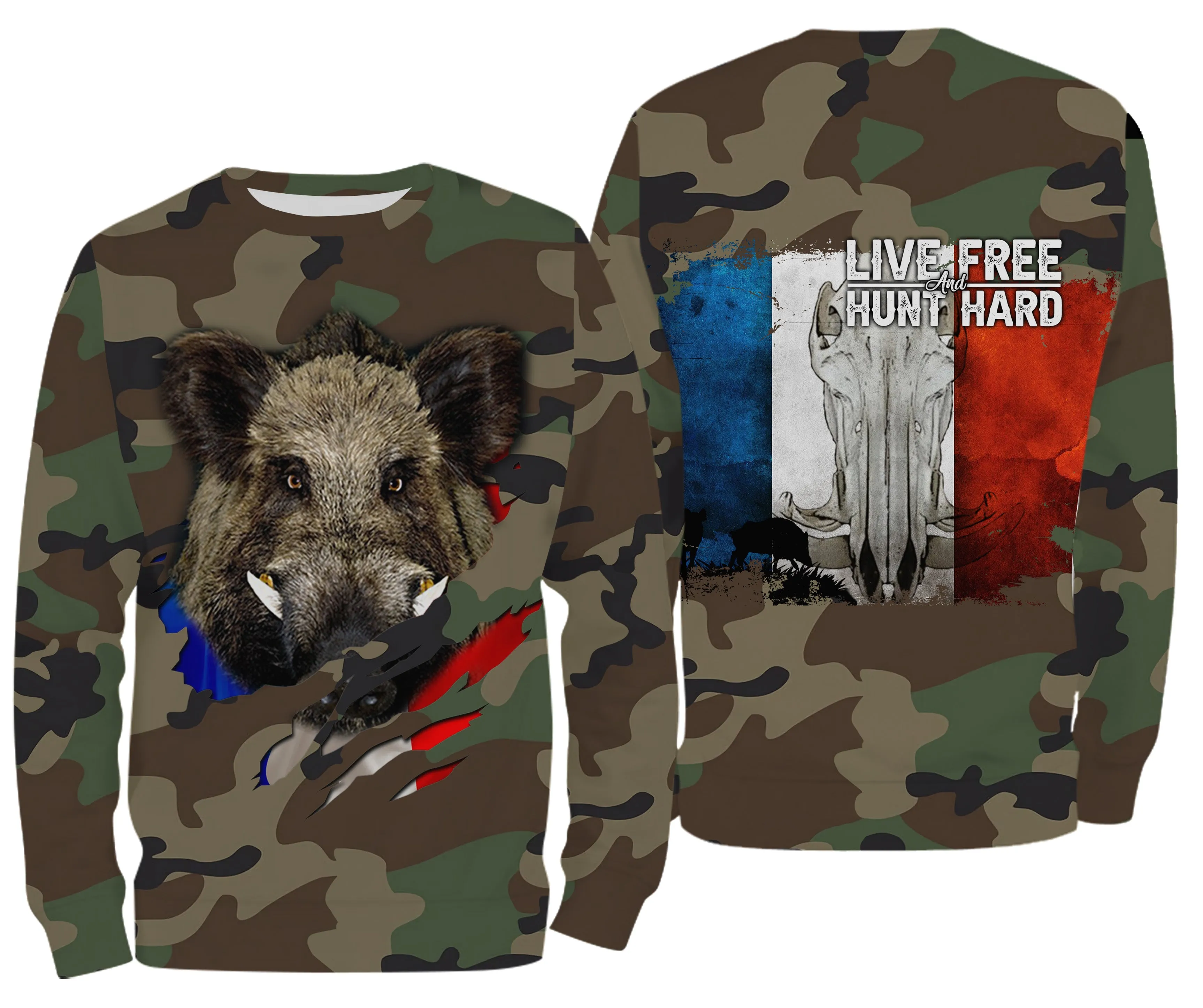 Chasse aux Sangliers, Camouflage Militaire Chasse, Cadeau Chasseurs, Live Free - Hunt Hard, Tee Shirt, Sweat à capuche, Vêtement Anti UV - CTS16042218