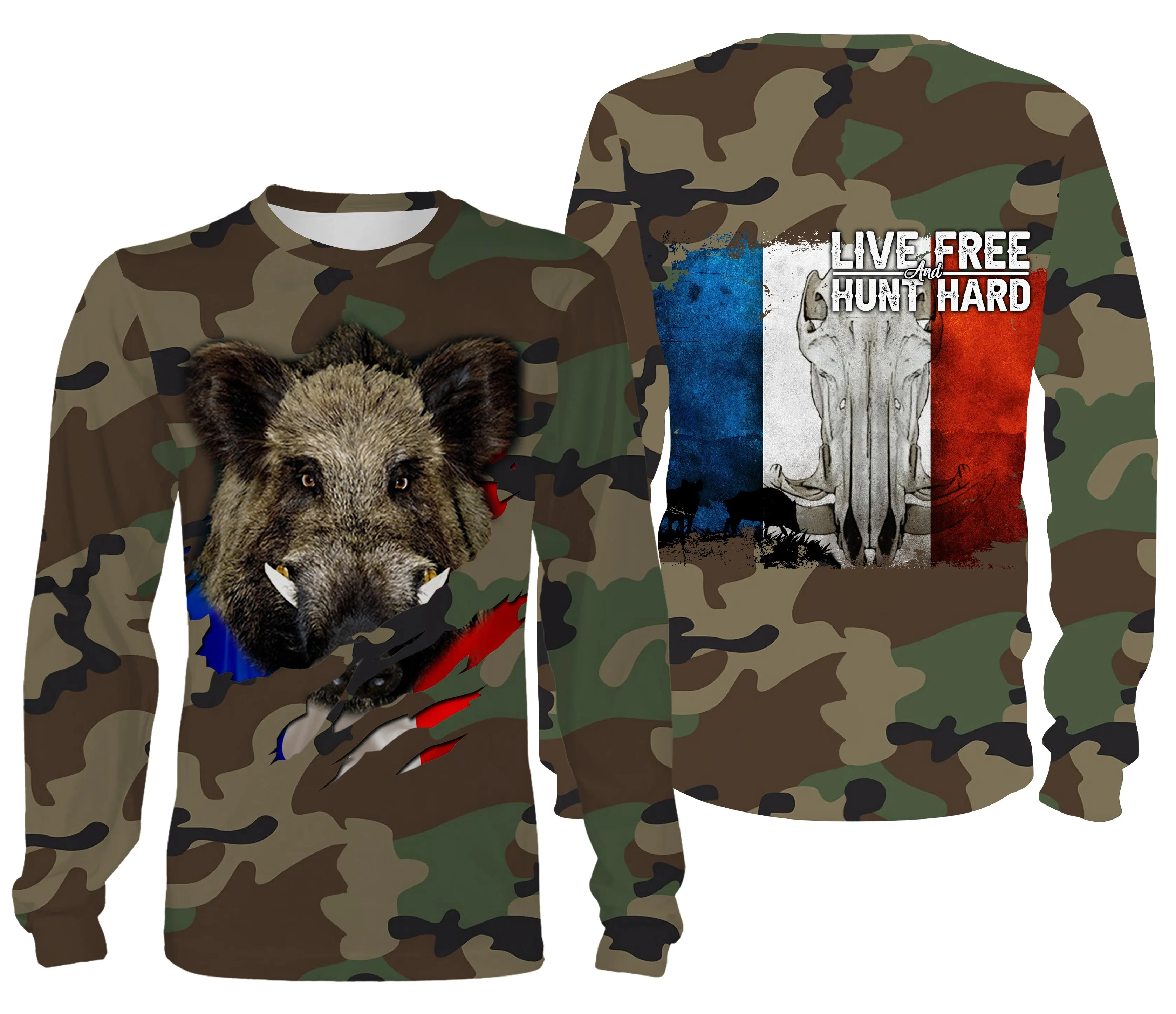 Chasse aux Sangliers, Camouflage Militaire Chasse, Cadeau Chasseurs, Live Free - Hunt Hard, Tee Shirt, Sweat à capuche, Vêtement Anti UV - CTS16042218