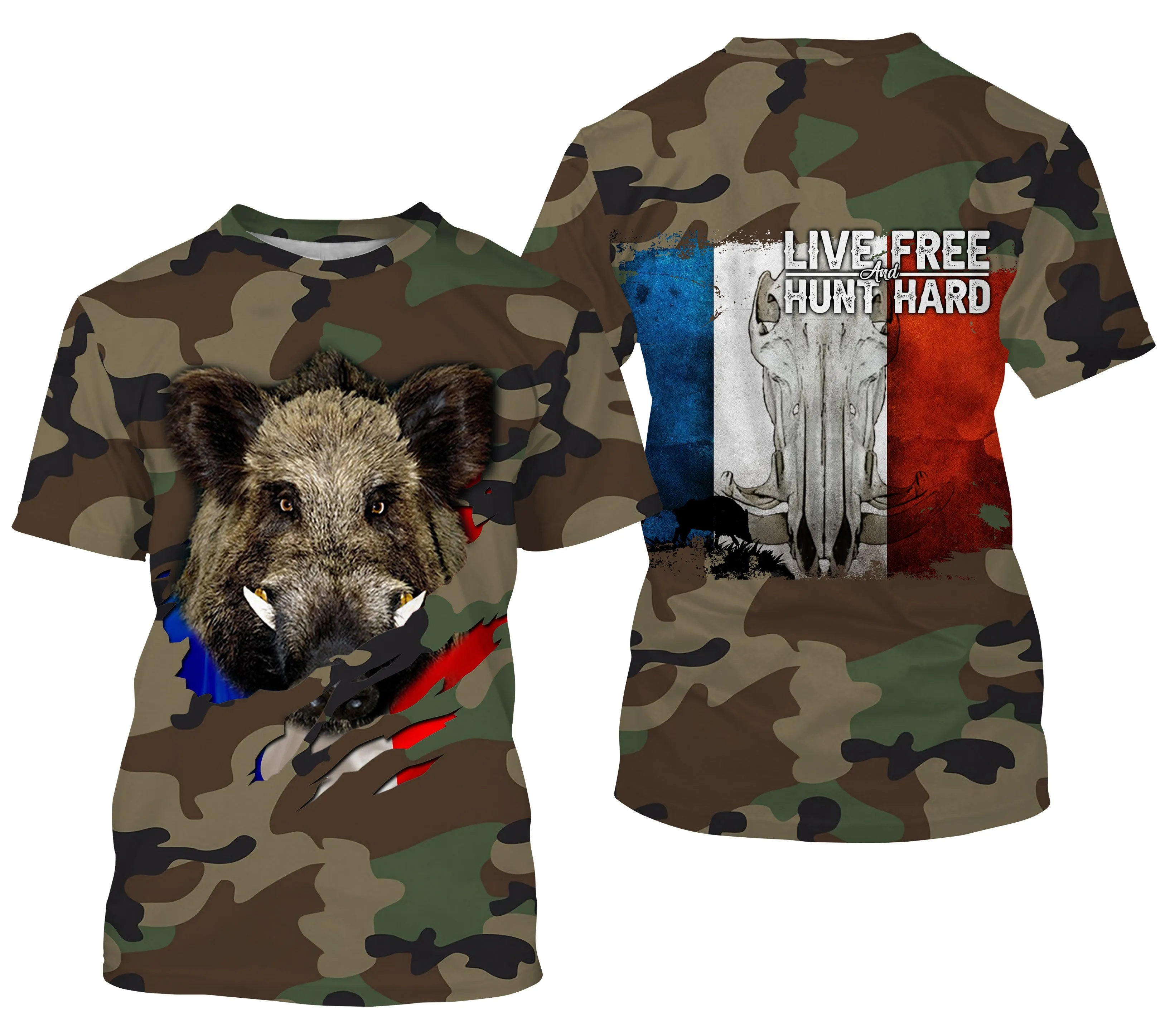 Chasse aux Sangliers, Camouflage Militaire Chasse, Cadeau Chasseurs, Live Free - Hunt Hard, Tee Shirt, Sweat à capuche, Vêtement Anti UV - CTS16042218