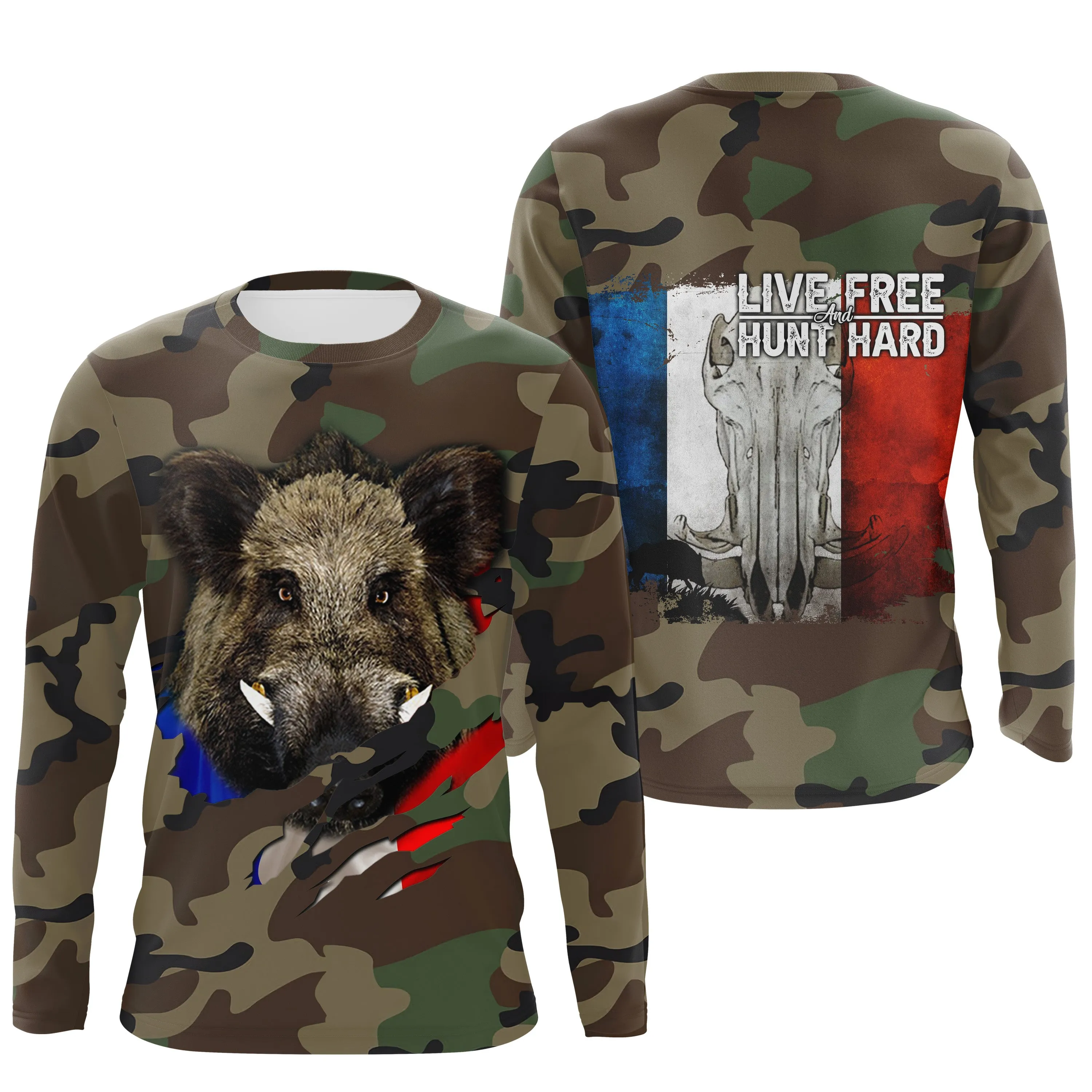 Chasse aux Sangliers, Camouflage Militaire Chasse, Cadeau Chasseurs, Live Free - Hunt Hard, Tee Shirt, Sweat à capuche, Vêtement Anti UV - CTS16042218